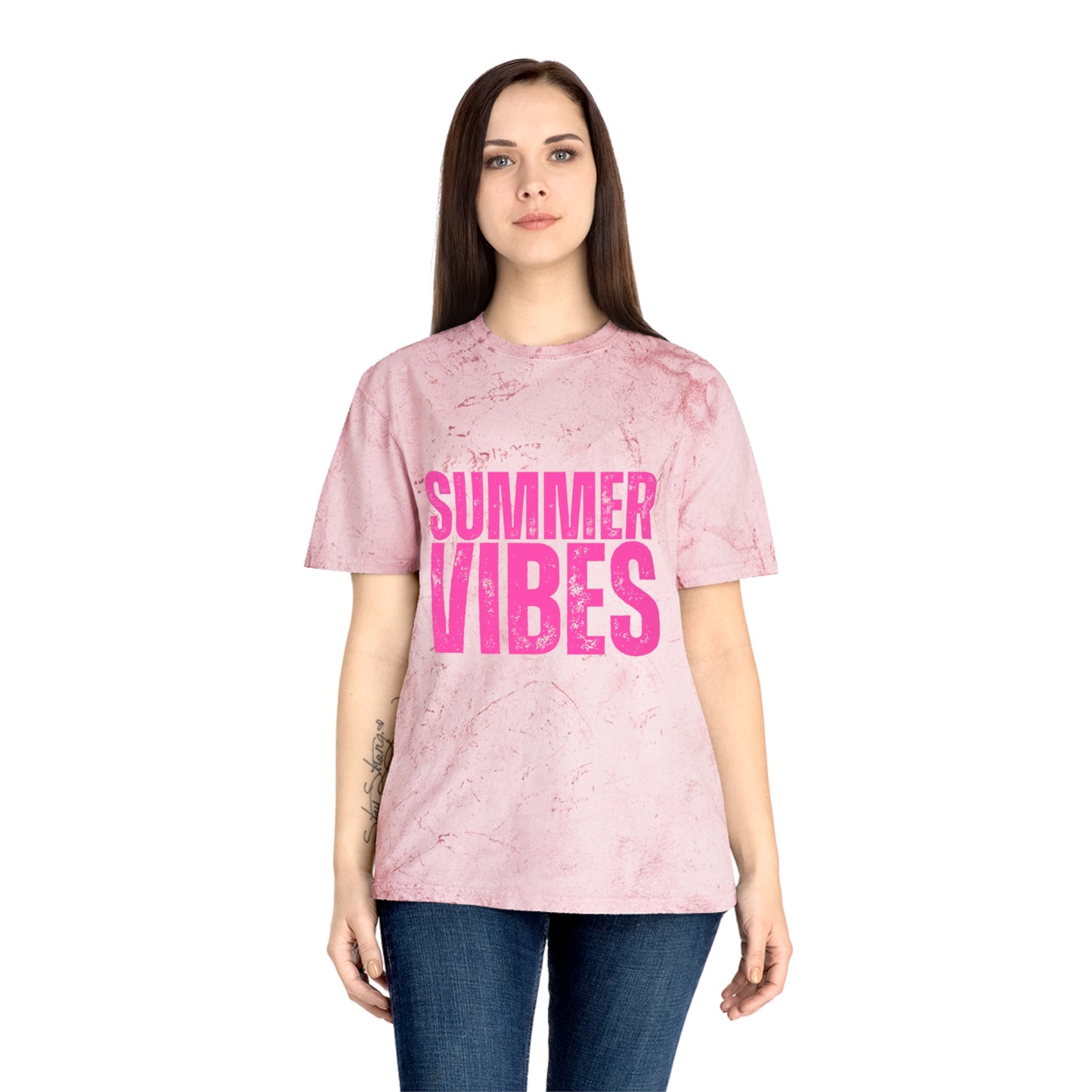 Summer Vibes Tie-Dye T-Shirt — Retro Pink Text Beach Tee