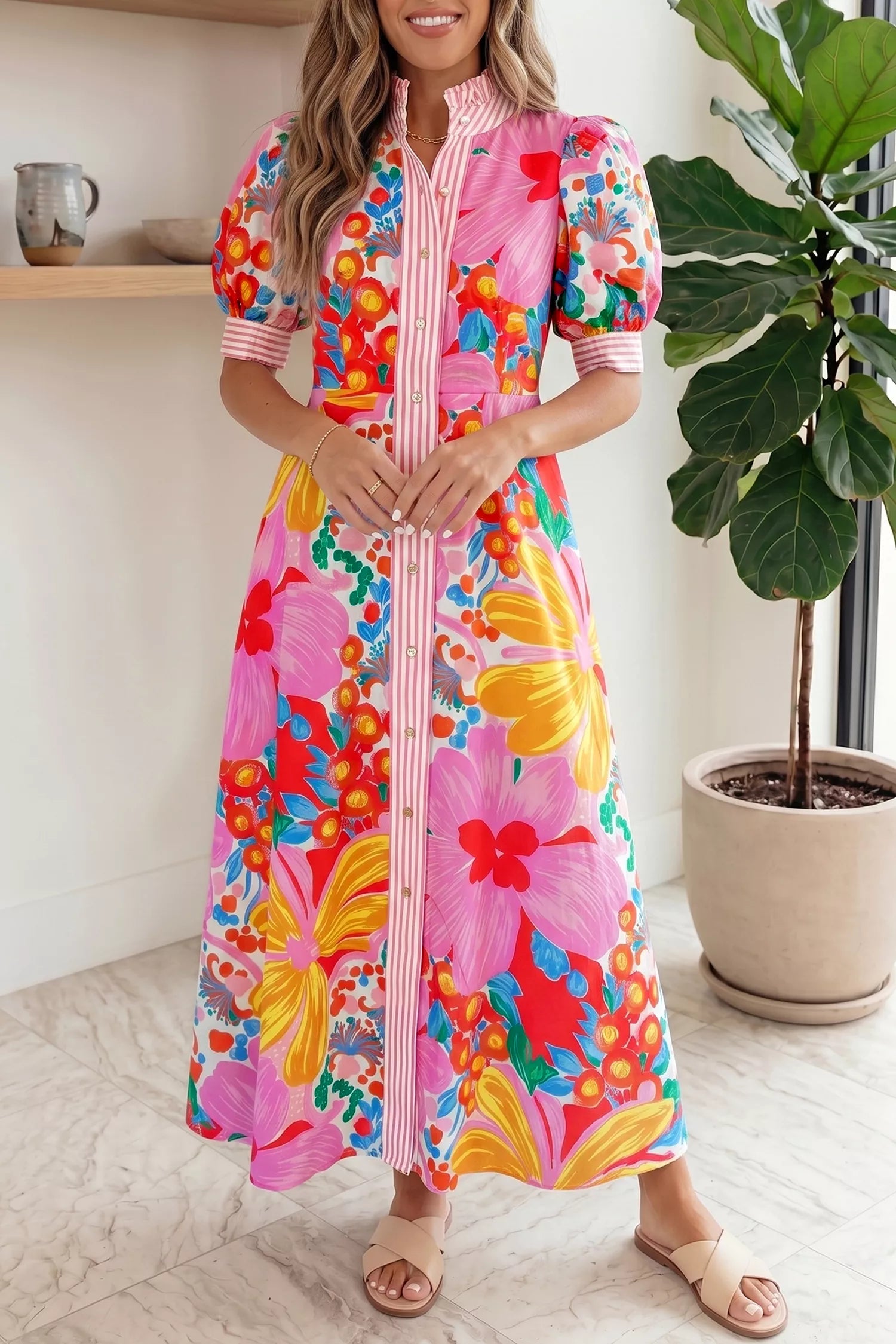 Floral Print Striped Trim Button Down Short Sleeve Maxi Dress – Blessed & Blooming Boutique