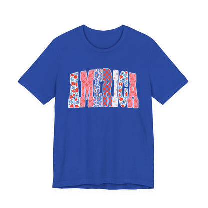 America Floral Flag T-Shirt — Patriotic Red White Blue Tee