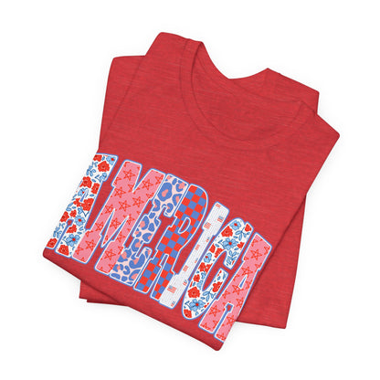 America Floral Flag T-Shirt — Patriotic Red White Blue Tee