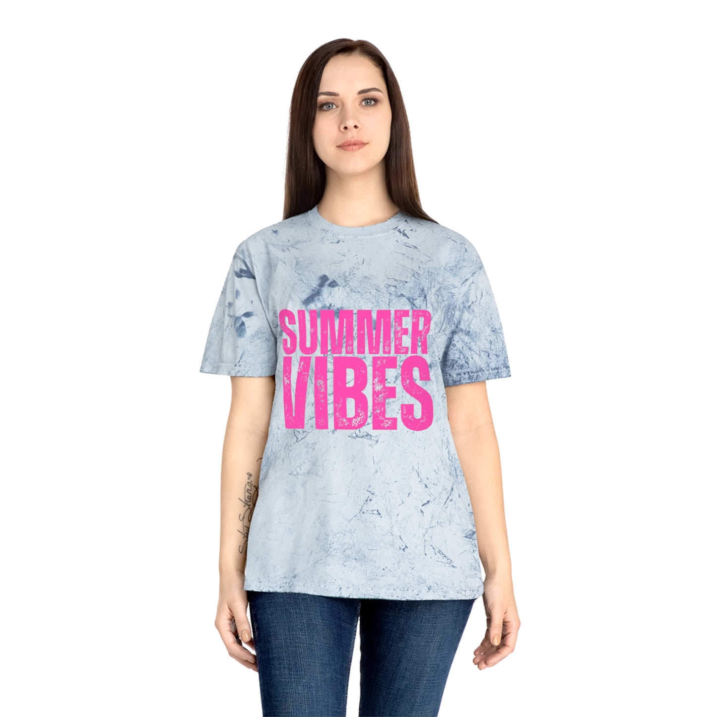 Summer Vibes Tie-Dye T-Shirt — Retro Pink Text Beach Tee