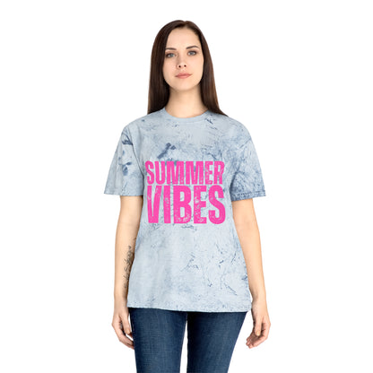 Summer Vibes Tie-Dye T-Shirt — Retro Pink Text Beach Tee