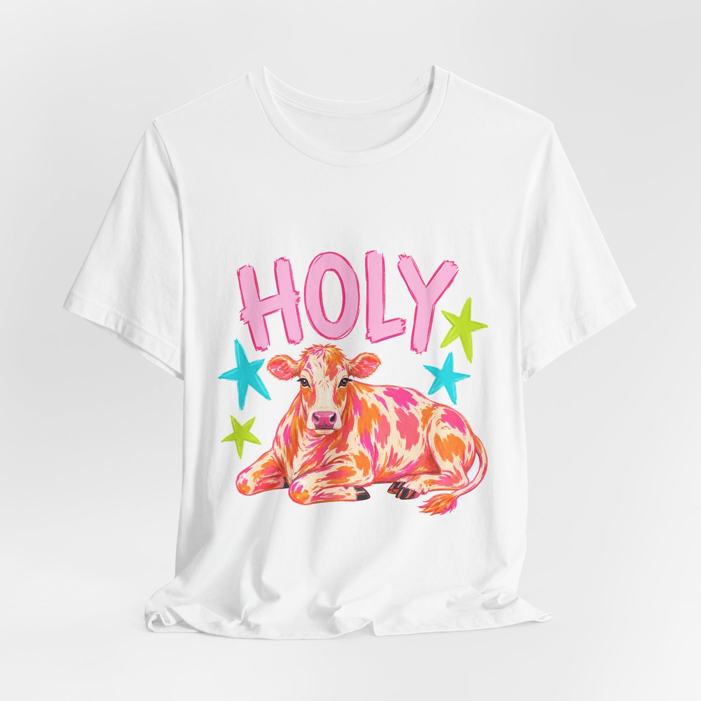 Holy Cow Graphic Tee — Colorful Cow Shirt with 'HOLY' Lettering