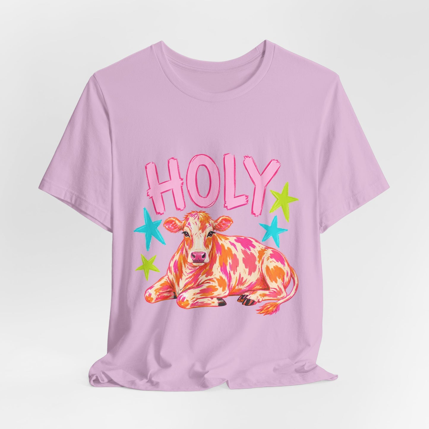 Holy Cow Graphic Tee — Colorful Cow Shirt with 'HOLY' Lettering