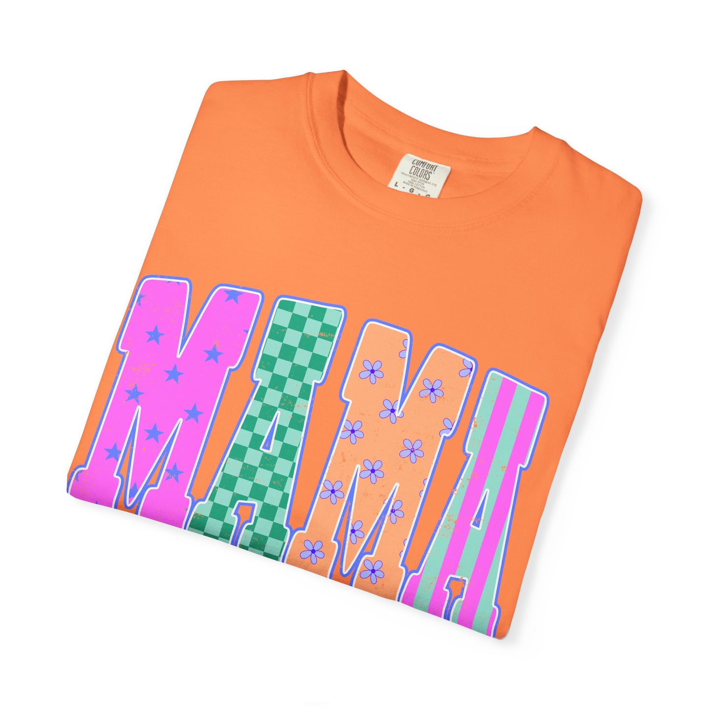 MAMA Colorblock Graphic T‑Shirt — Playful Patterned Lettering Tee