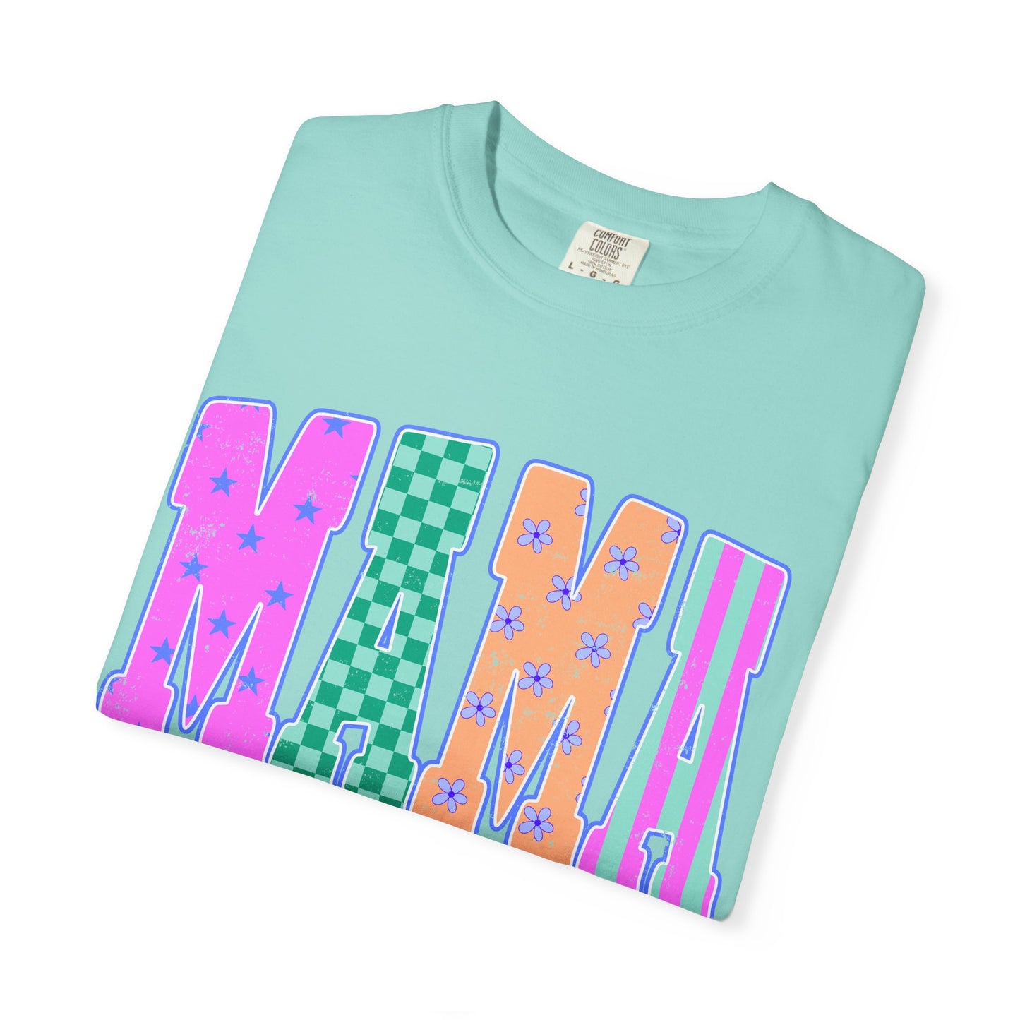 MAMA Colorblock Graphic T‑Shirt — Playful Patterned Lettering Tee