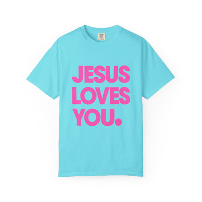 Faith Graphic Tee — "Jesus Loves You." Pink Bold Print
