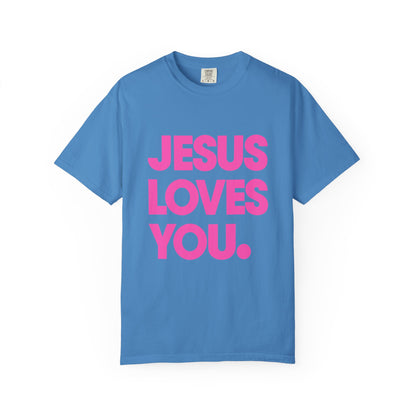 Faith Graphic Tee — "Jesus Loves You." Pink Bold Print