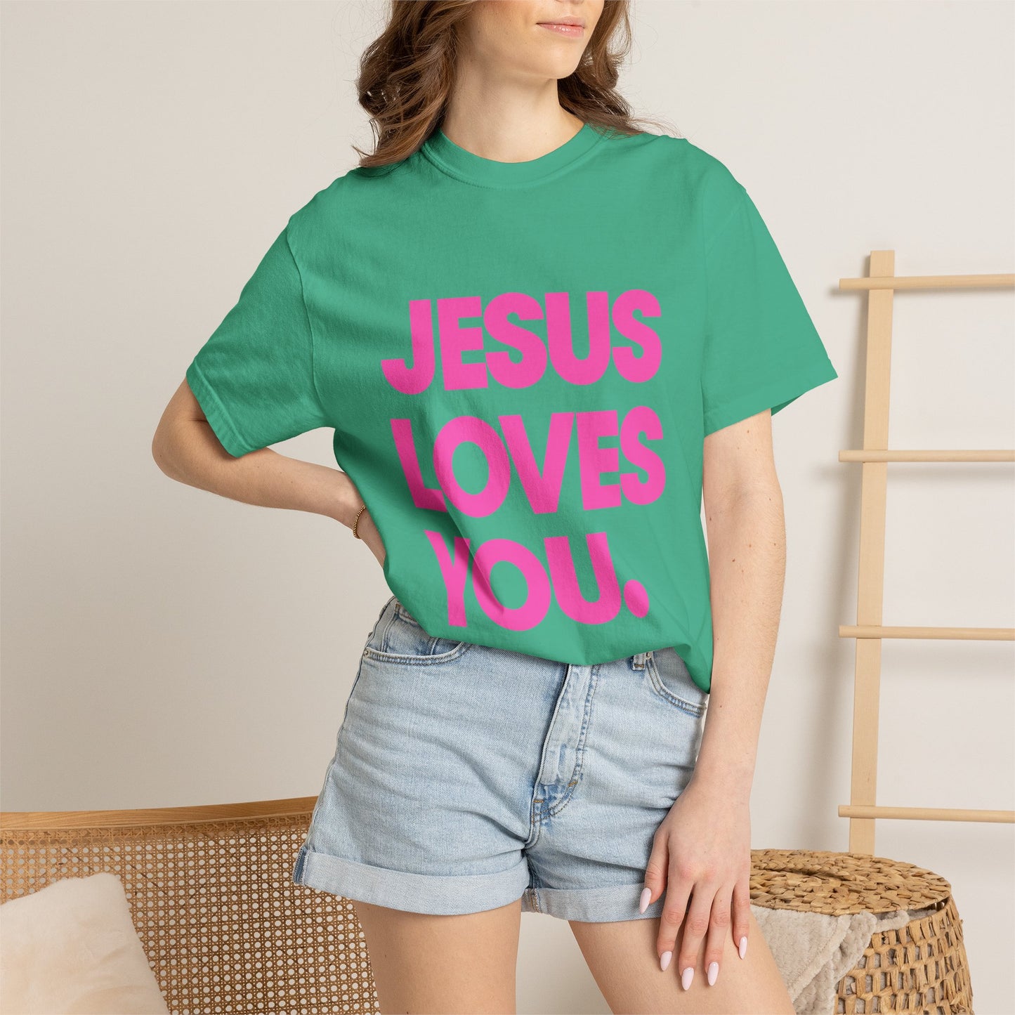Faith Graphic Tee — "Jesus Loves You." Pink Bold Print