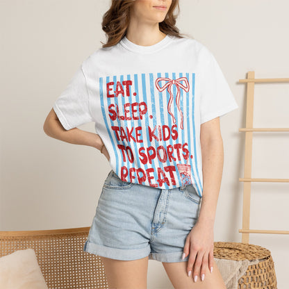 T-Shirt — "Eat. Sleep. Take Kids to Sports. Repeat." Parent Life Graphic Tee