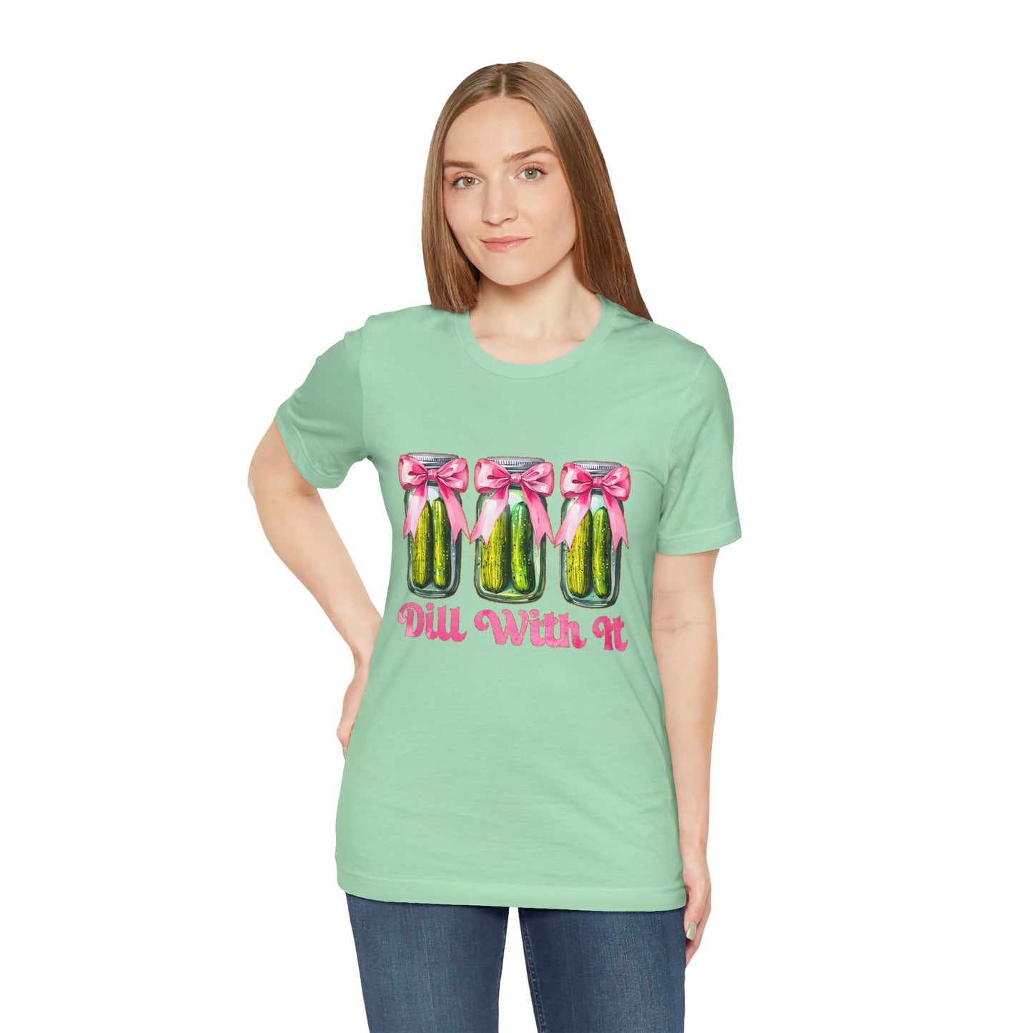 Dill With It Tee — Cute Pickle Jars with Pink Bows Graphic Shirt