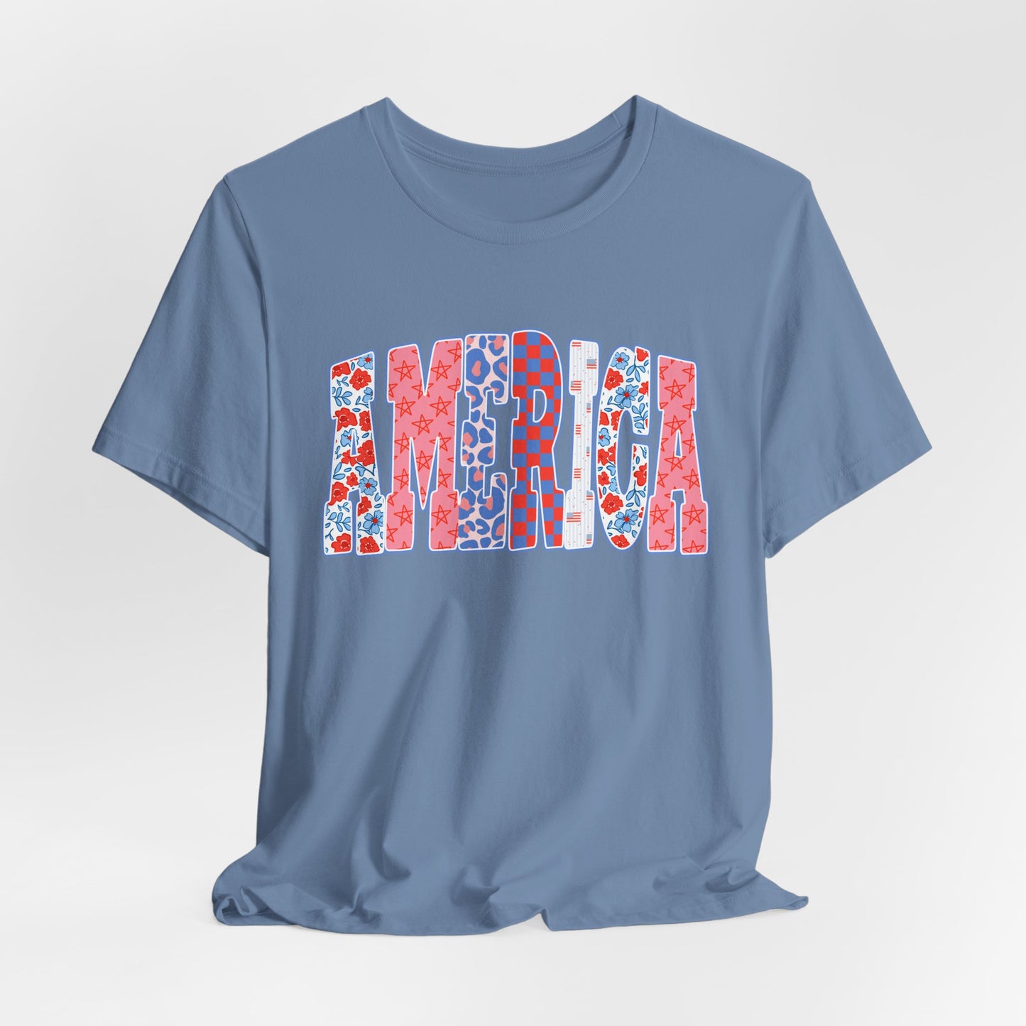 America Floral Flag T-Shirt — Patriotic Red White Blue Tee
