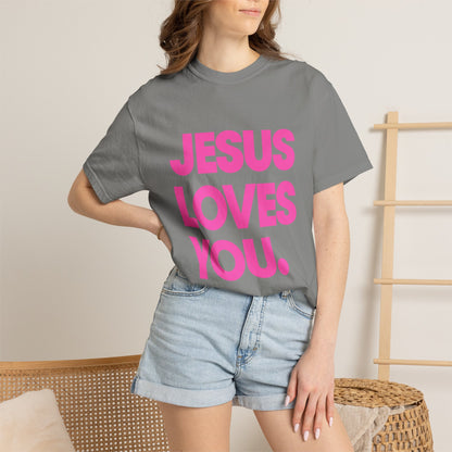 Faith Graphic Tee — "Jesus Loves You." Pink Bold Print