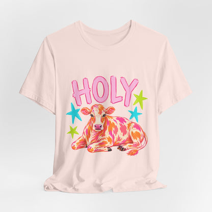 Holy Cow Graphic Tee — Colorful Cow Shirt with 'HOLY' Lettering