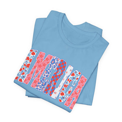 America Floral Flag T-Shirt — Patriotic Red White Blue Tee