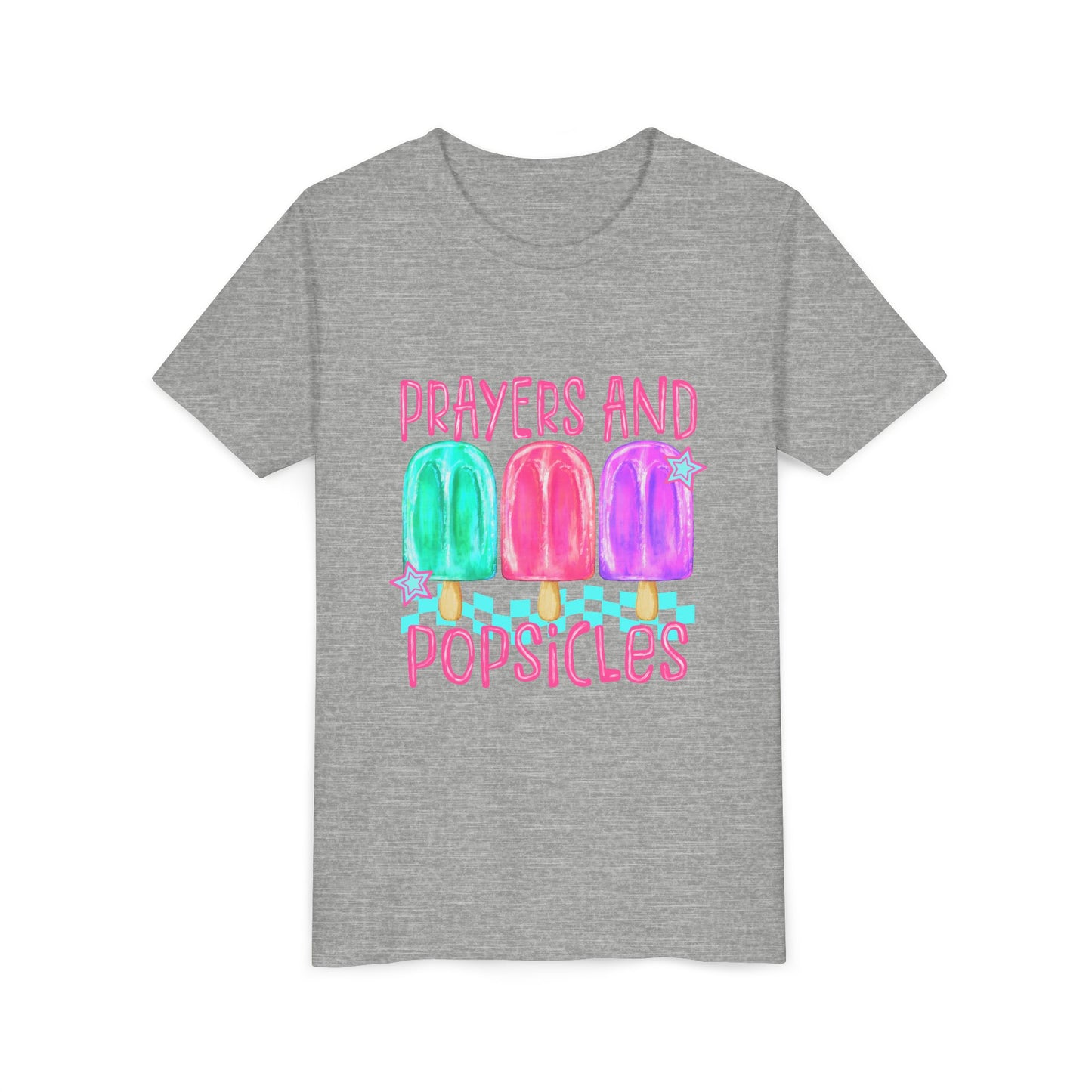 Youth Tee — "Prayers and Popsicles" Colorful Popsicle Faith Graphic