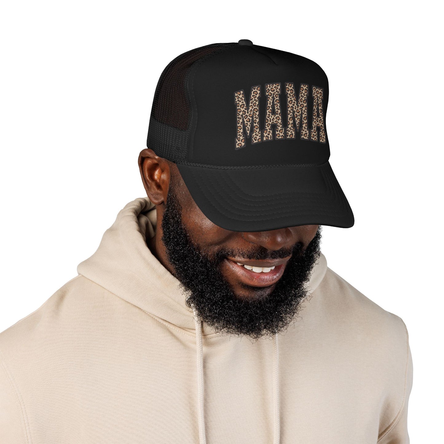 Mama Leopard Trucker Hat — Foam Mesh Cap with Leopard Print "MAMA"