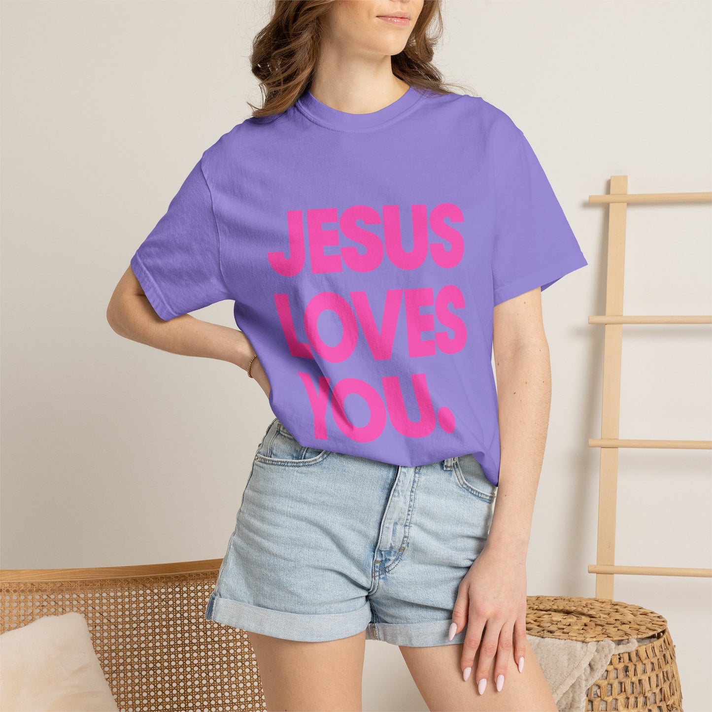 Faith Graphic Tee — "Jesus Loves You." Pink Bold Print