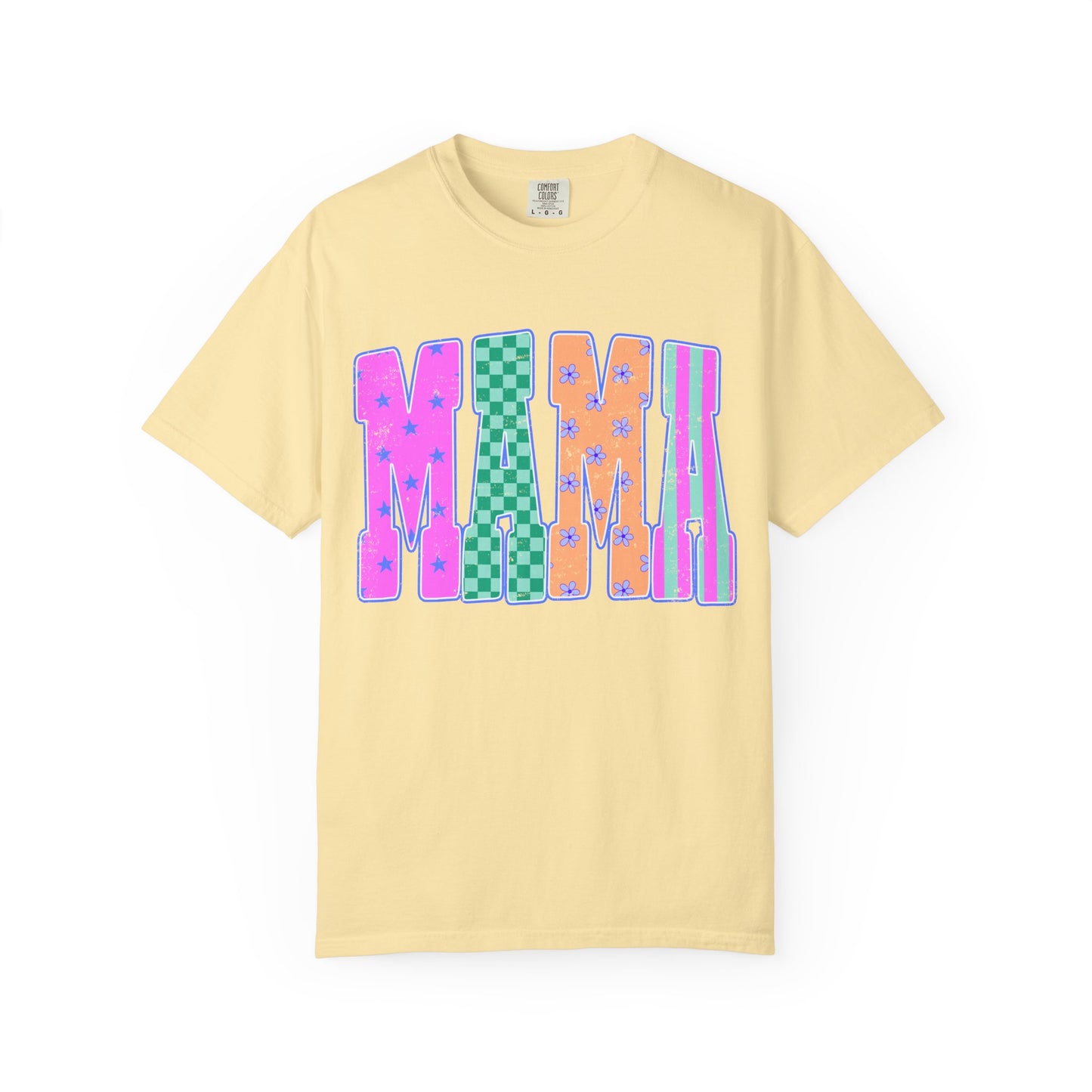 MAMA Colorblock Graphic T‑Shirt — Playful Patterned Lettering Tee