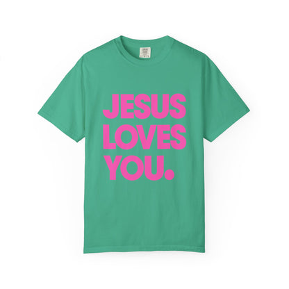 Faith Graphic Tee — "Jesus Loves You." Pink Bold Print