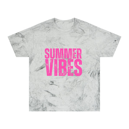 Summer Vibes Tie-Dye T-Shirt — Retro Pink Text Beach Tee