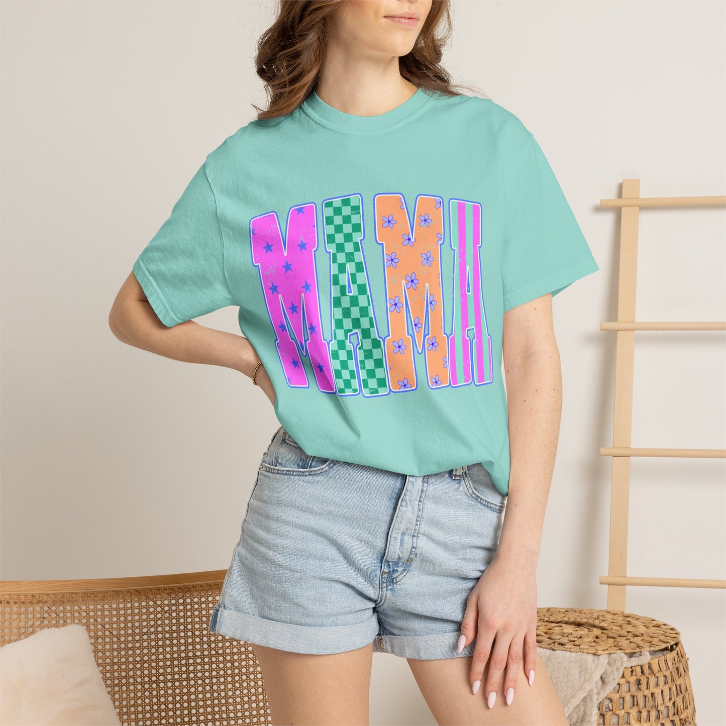 MAMA Colorblock Graphic T‑Shirt — Playful Patterned Lettering Tee