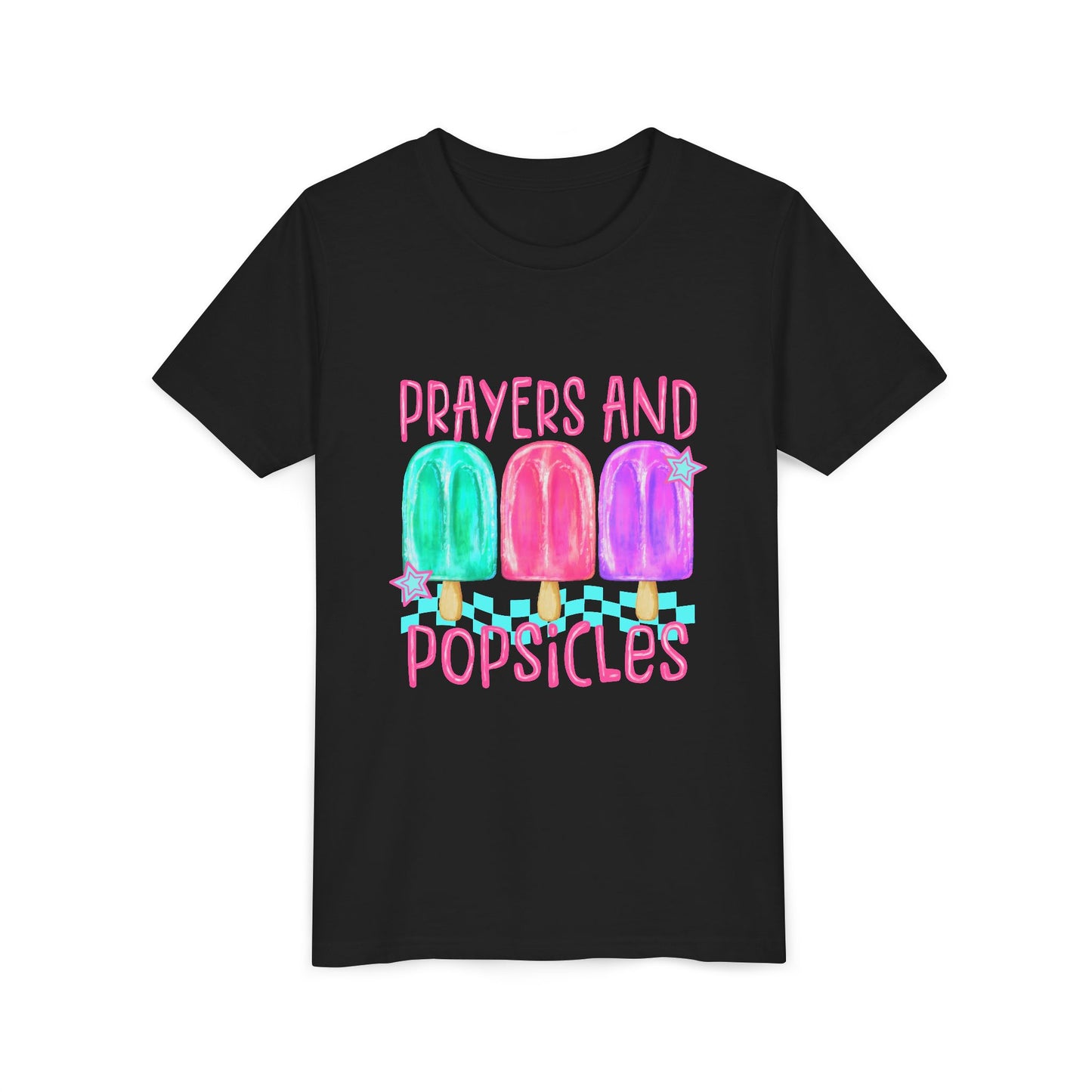 Youth Tee — "Prayers and Popsicles" Colorful Popsicle Faith Graphic