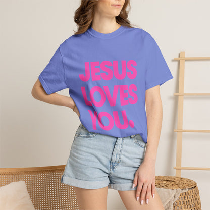 Faith Graphic Tee — "Jesus Loves You." Pink Bold Print