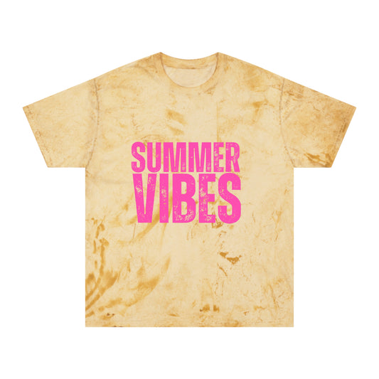 Summer Vibes Tie-Dye T-Shirt — Retro Pink Text Beach Tee