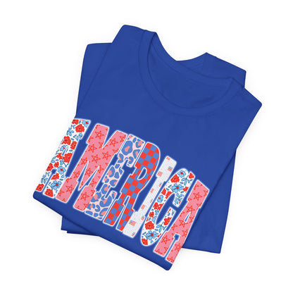 America Floral Flag T-Shirt — Patriotic Red White Blue Tee