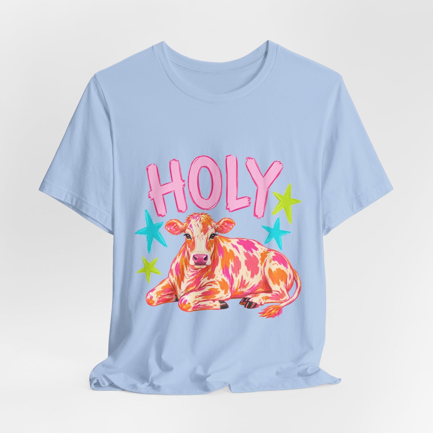 Holy Cow Graphic Tee — Colorful Cow Shirt with 'HOLY' Lettering