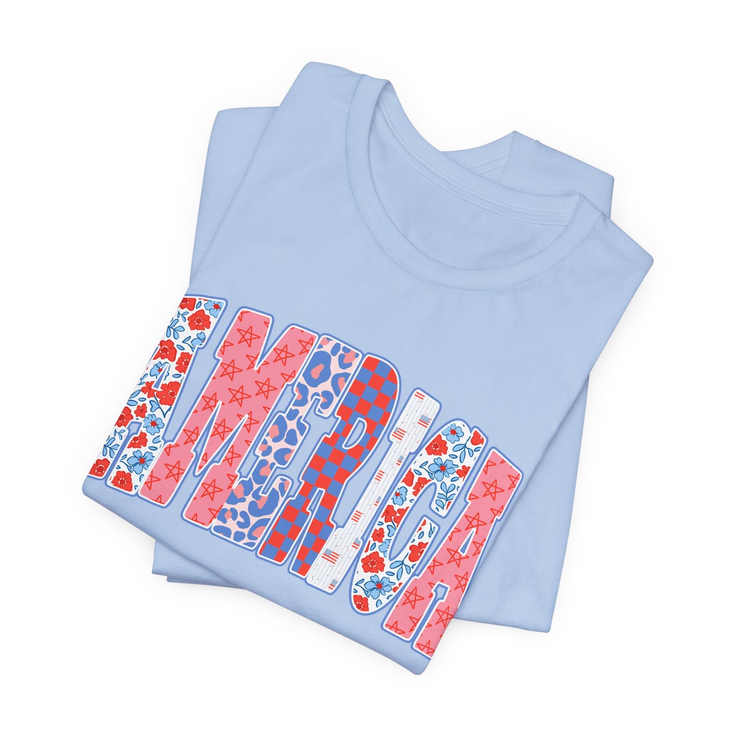 America Floral Flag T-Shirt — Patriotic Red White Blue Tee