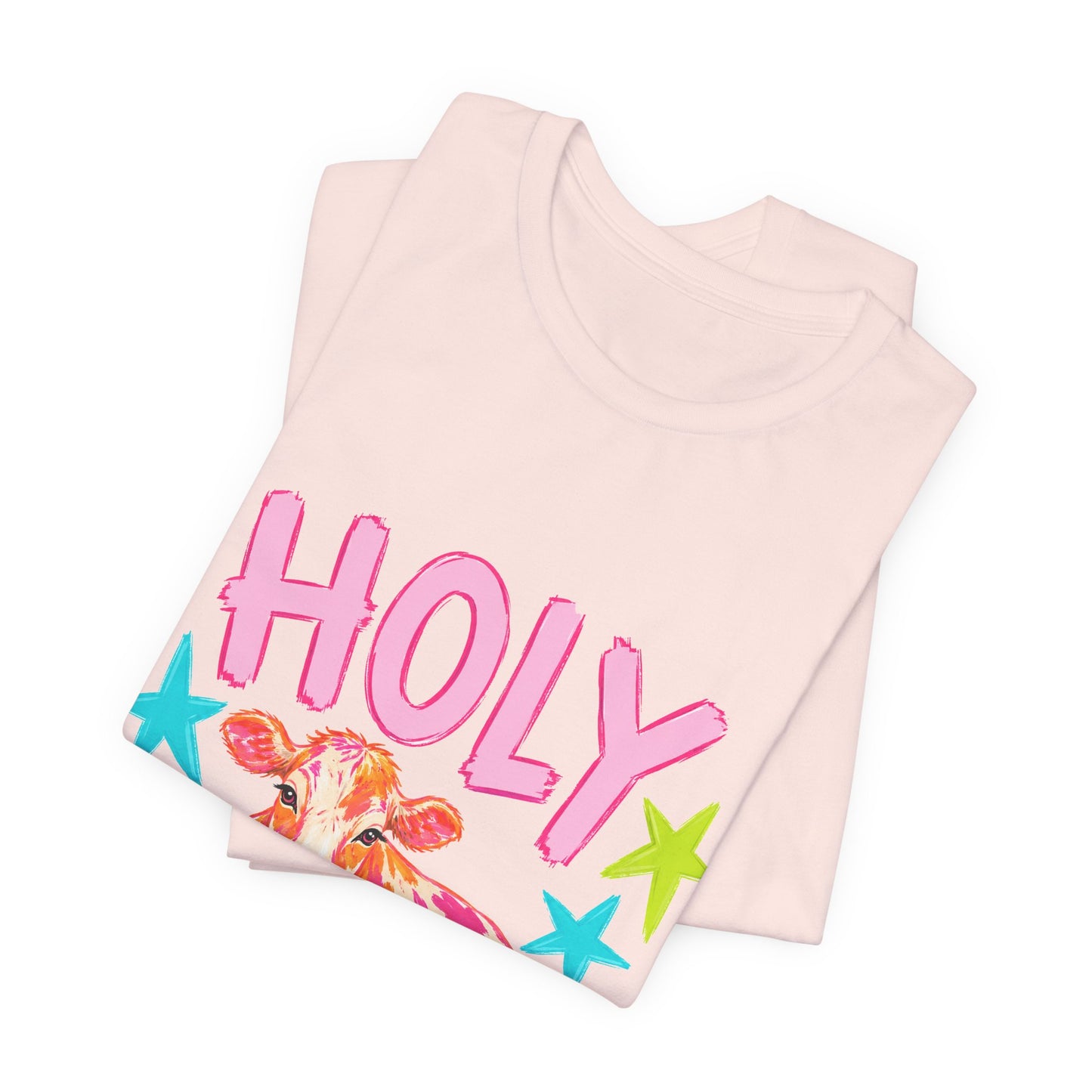 Holy Cow Graphic Tee — Colorful Cow Shirt with 'HOLY' Lettering