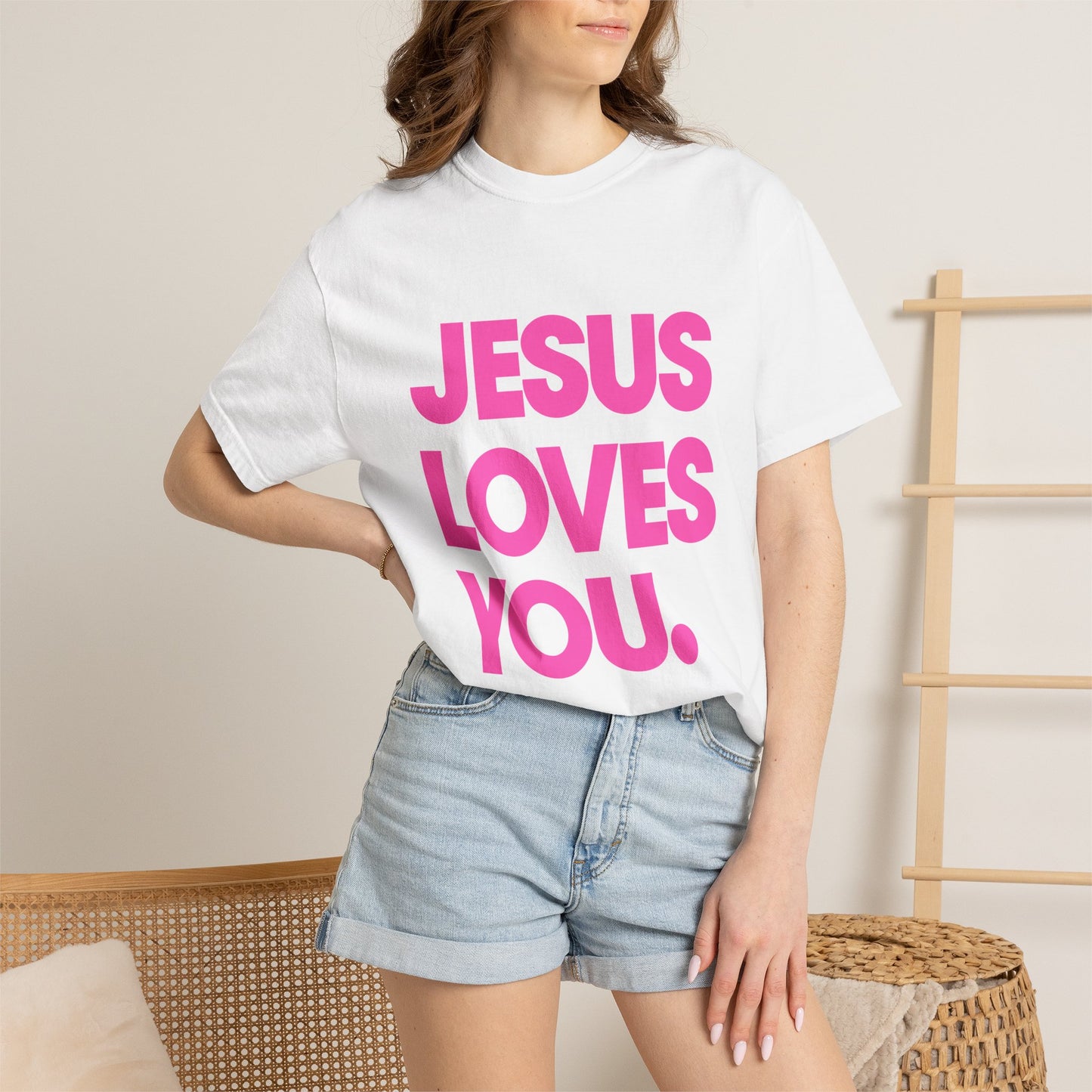 Faith Graphic Tee — "Jesus Loves You." Pink Bold Print