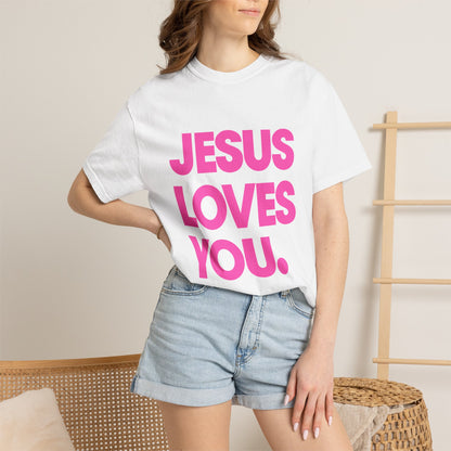 Faith Graphic Tee — "Jesus Loves You." Pink Bold Print