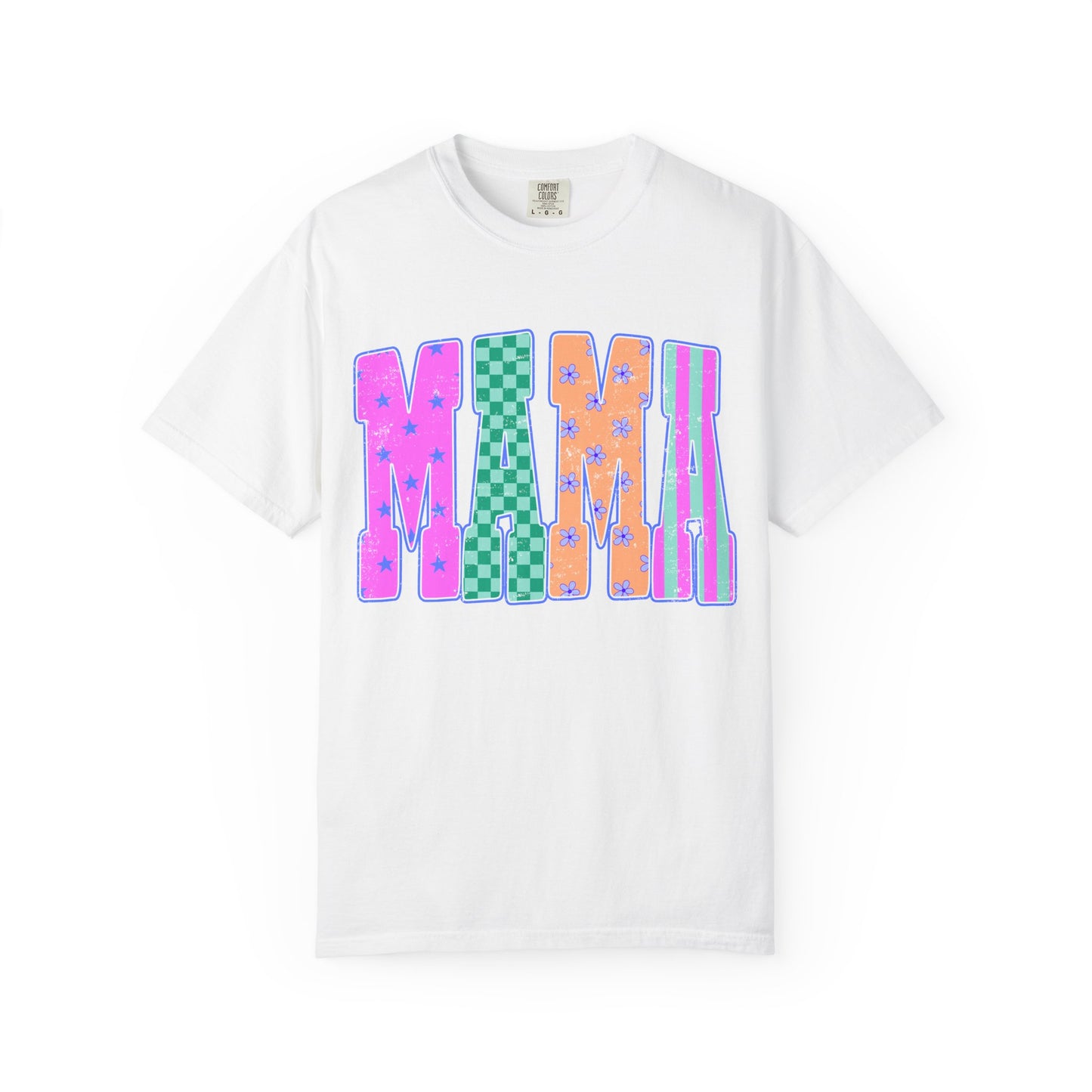 MAMA Colorblock Graphic T‑Shirt — Playful Patterned Lettering Tee
