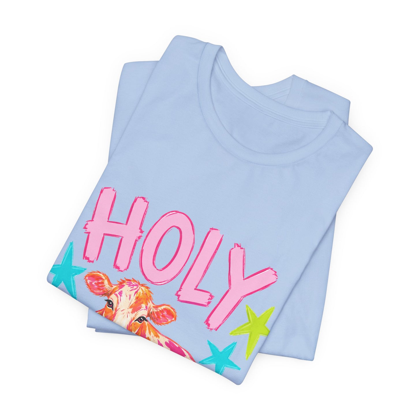 Holy Cow Graphic Tee — Colorful Cow Shirt with 'HOLY' Lettering