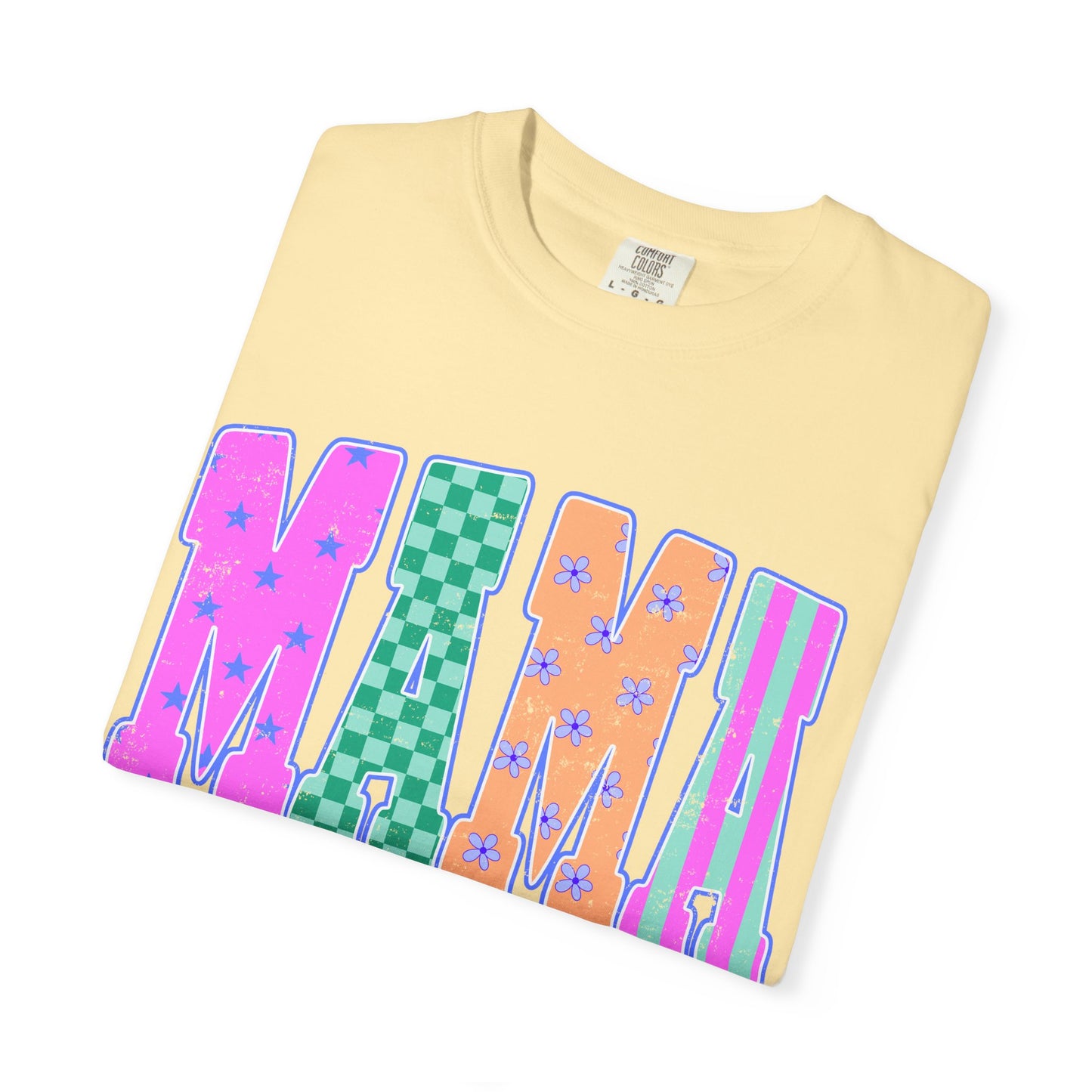 MAMA Colorblock Graphic T‑Shirt — Playful Patterned Lettering Tee