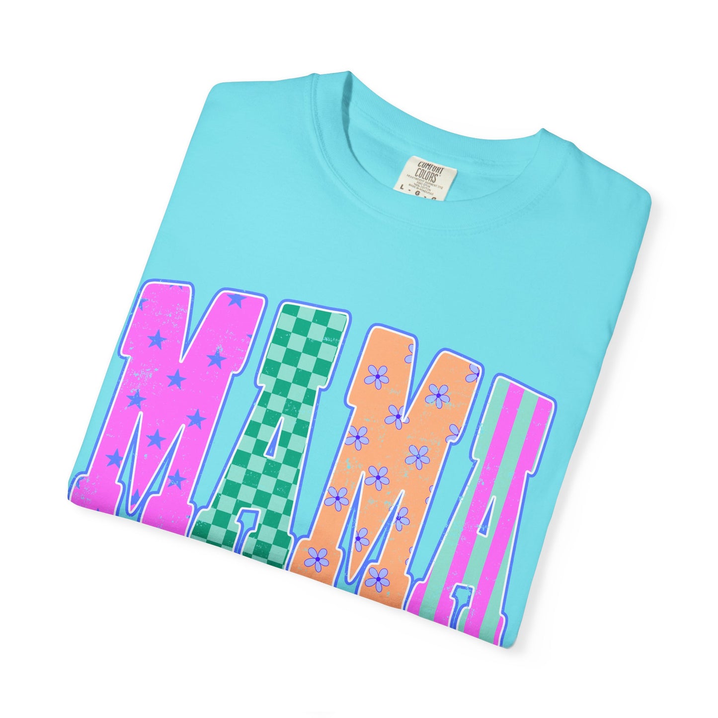 MAMA Colorblock Graphic T‑Shirt — Playful Patterned Lettering Tee