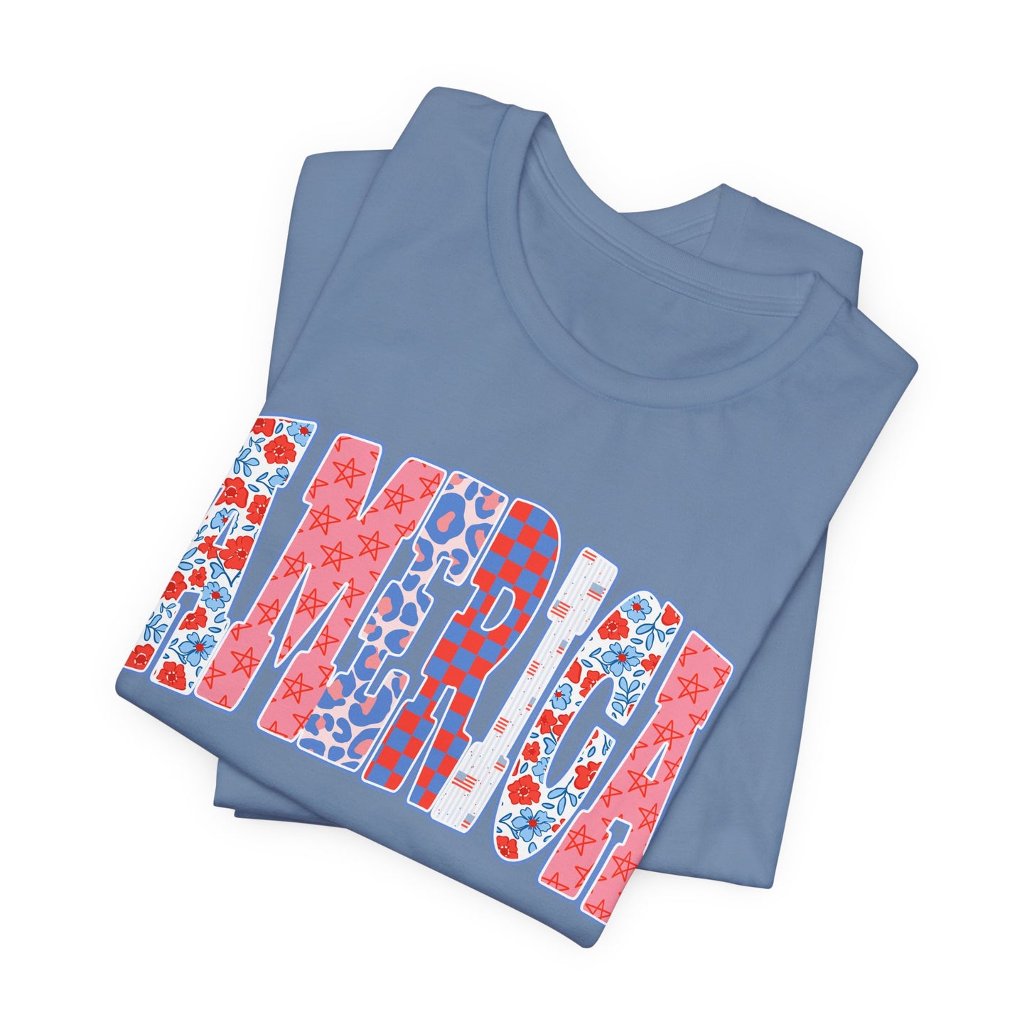 America Floral Flag T-Shirt — Patriotic Red White Blue Tee
