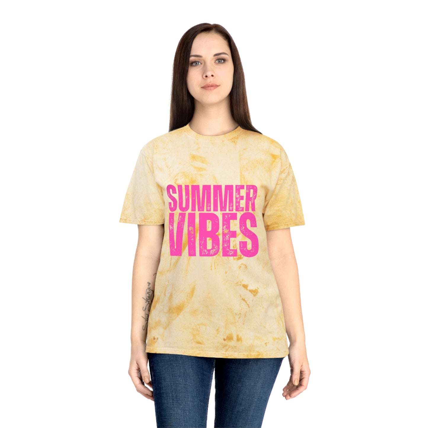 Summer Vibes Tie-Dye T-Shirt — Retro Pink Text Beach Tee