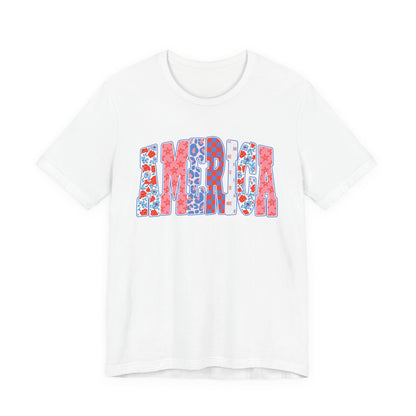 America Floral Flag T-Shirt — Patriotic Red White Blue Tee