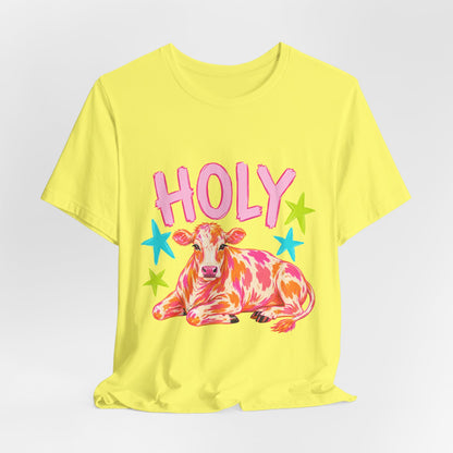 Holy Cow Graphic Tee — Colorful Cow Shirt with 'HOLY' Lettering