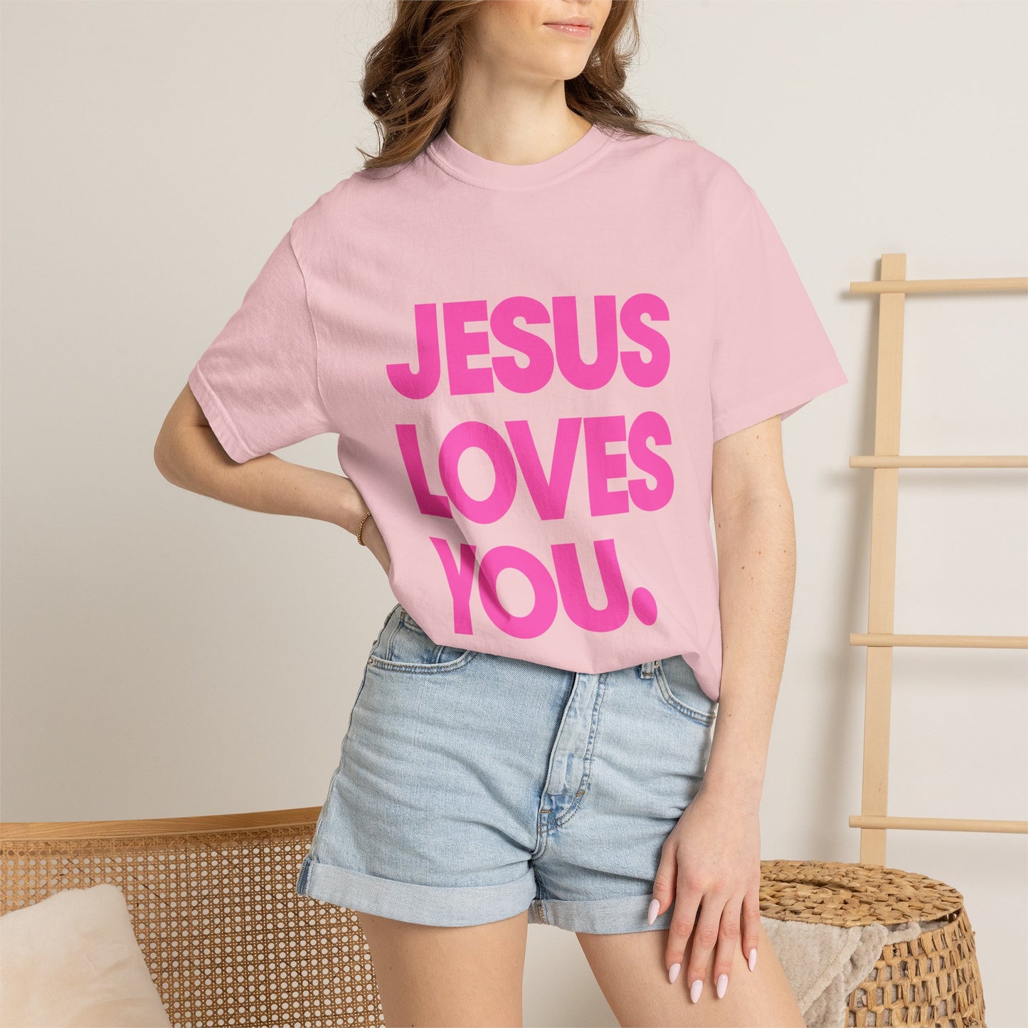 Faith Graphic Tee — "Jesus Loves You." Pink Bold Print
