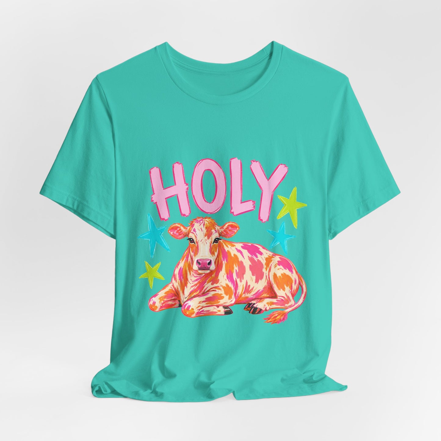 Holy Cow Graphic Tee — Colorful Cow Shirt with 'HOLY' Lettering