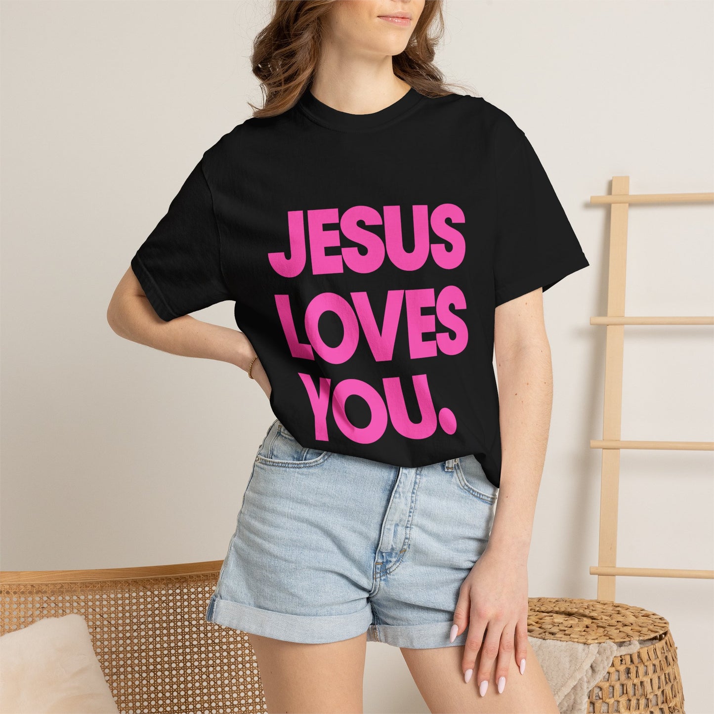 Faith Graphic Tee — "Jesus Loves You." Pink Bold Print