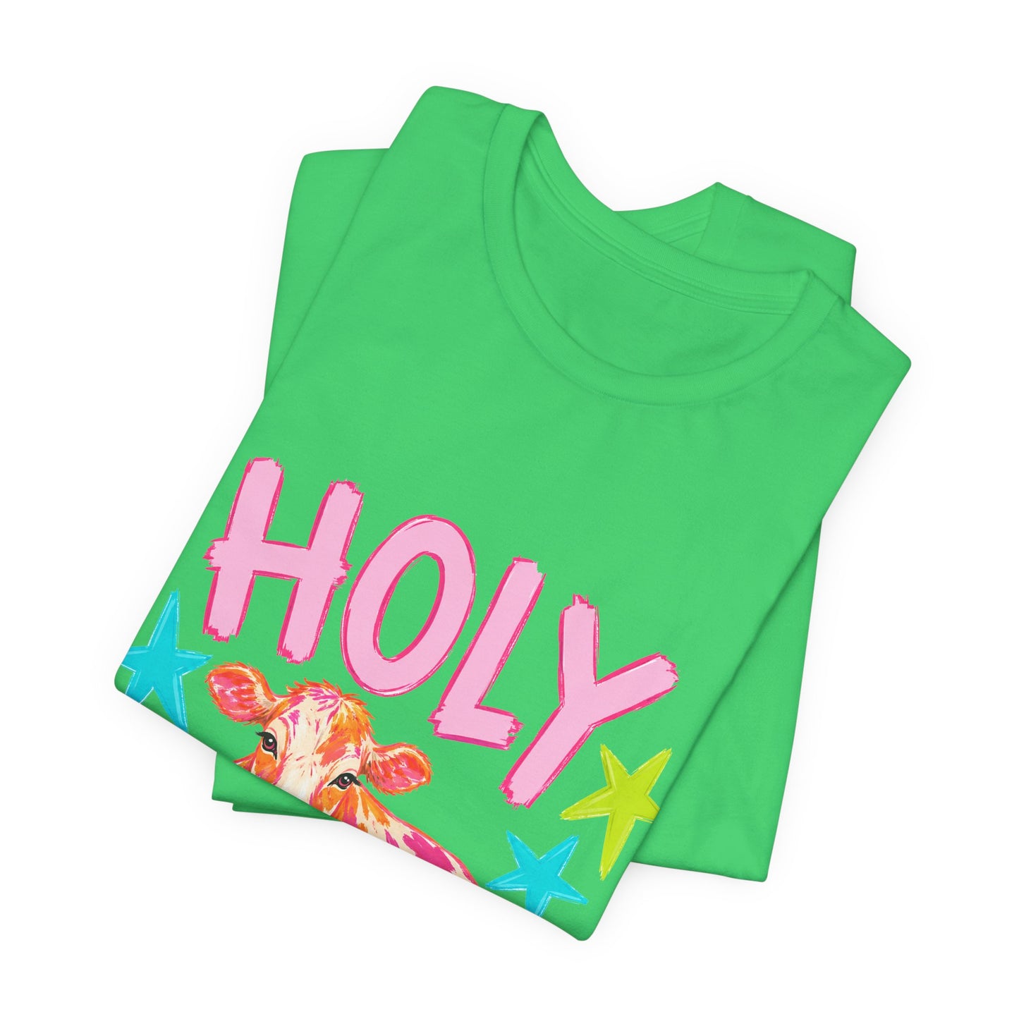 Holy Cow Graphic Tee — Colorful Cow Shirt with 'HOLY' Lettering