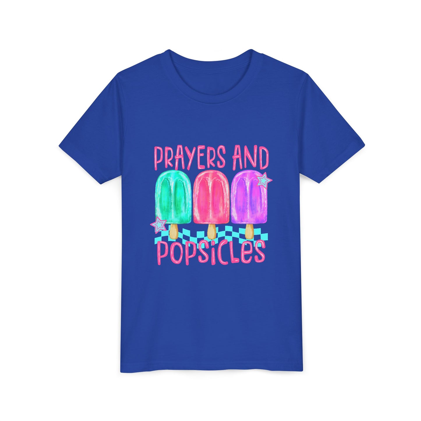 Youth Tee — "Prayers and Popsicles" Colorful Popsicle Faith Graphic