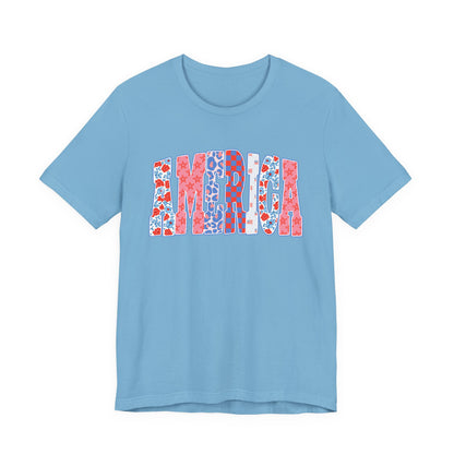 America Floral Flag T-Shirt — Patriotic Red White Blue Tee