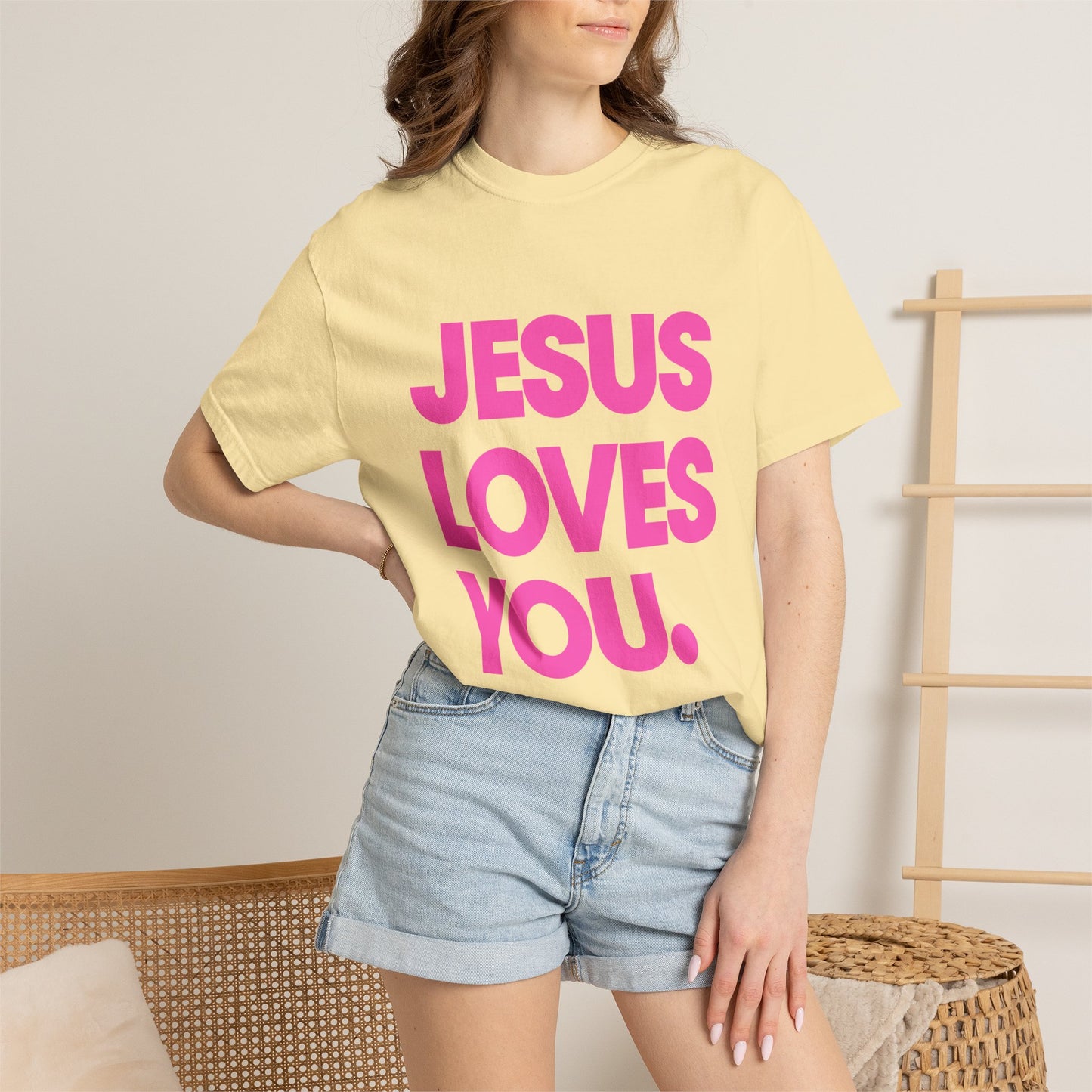 Faith Graphic Tee — "Jesus Loves You." Pink Bold Print